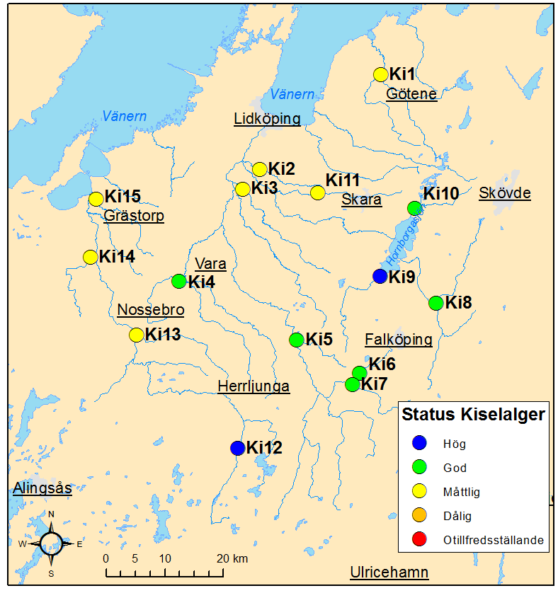 Figur 13. Statusklassning av kiselalger i Vänerns sydöstra tillflöden med avseende på eutrofiering, baserat på 2012 års resultat.
