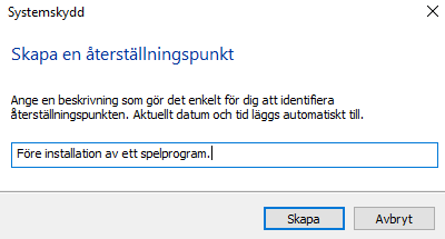 Nu får du fram dialogrutan Systemegenskaper. Med denne kan du både skapa en återställningspunkt och återställa systemet med en befintlig återsällningspunkt.