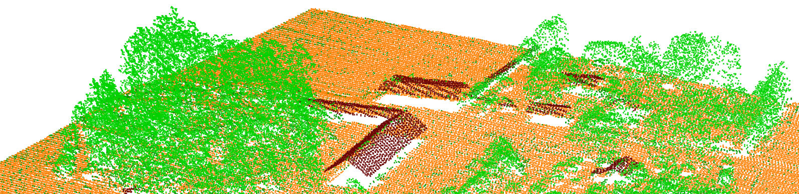L a n t m ä t e r i e t 2011-11-07 2 Figur 1 Punktmoln klassat som mark, vegetation och byggnader. Bilden kommer från ett område med överlapp mellan stråk där punkttätheten är dubblerad.