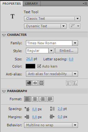 1. Gå till filen InteraktivBok.fla. Skapa ett nytt Movie Clip och döp det till IfPage. Glöm inte Export for ActionScript! 2. Välj Text tool.