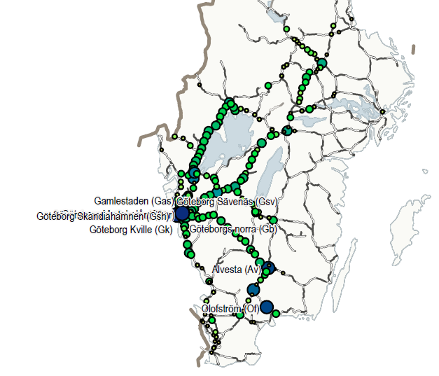 Figur 6: Kartbild som visar registreringar av merförseningar kopplade till en viss (större) händelse/störning (Olskroken20160321).