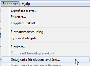 ELEV RAPPORTER En ny rapportmöjlighet, Detaljkarta för elevens avstånd. Med denna kan en detaljerad kartutskrift över elevens avstånd till skolan skapas på ett enkelt sätt.