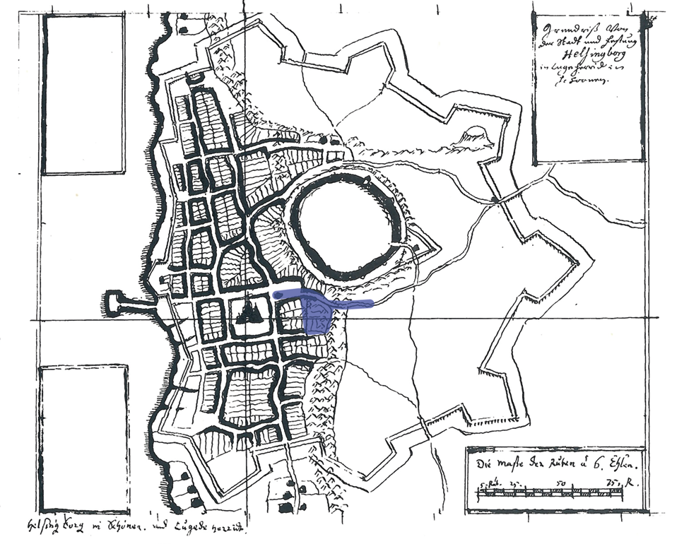30 Helsingborg Gamla Staden 8:1 Georadarundersökning, geoteknisk provborrning samt arkivstudier Figur 20. Helsingborgs stad som den återges i Johannes Meijers karta från 1650-talet.
