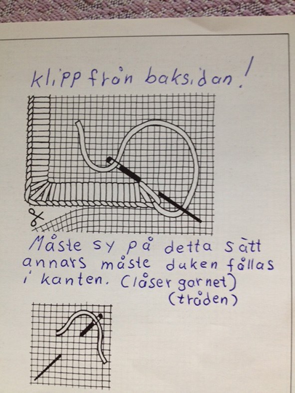 När man syr Hardanger måste man ha en Syring, brodyrsax. När den blir slö, måste man köpa en ny. Risk att man klipper fel med en slö sax. Jag fick slänga flera dukar när jag lärde mig.