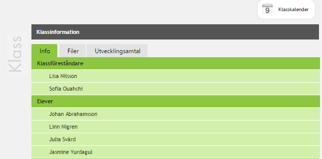 Användarmanual Vklass lärplattform (Vårdnadshavare) Sida 16 av 19 Klasser Här ser du alla klassföreståndare och en lista på elever i klassen.