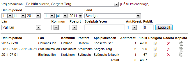 Inmatning i listläge För att lägga till uppgifter i listläge så klicka först på <Gå till listläge> om du befinner dig i kalenderläget. Samma här.