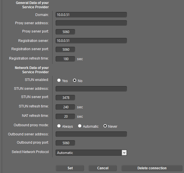 6. Följande meny öppnas: 7. Fyll i C10-modulens IP-adress 10.0.0.51 (fabriksinställd). IP-adressen ska anges i två separata fält, se ovan. Ändra även Outbound proxy mode till Never. 8.