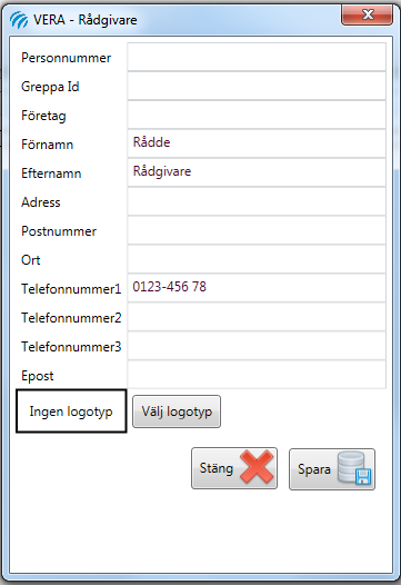 3.2 Rådgivare Det första du måste göra när VERA startar är att lägga till dig själv som rådgivare För- och efternamn är