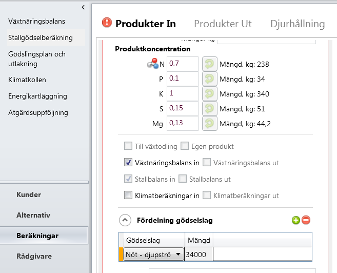 För varje produkt in eller ut ska du fördela den på det gödselslag som den djurgruppen går på.