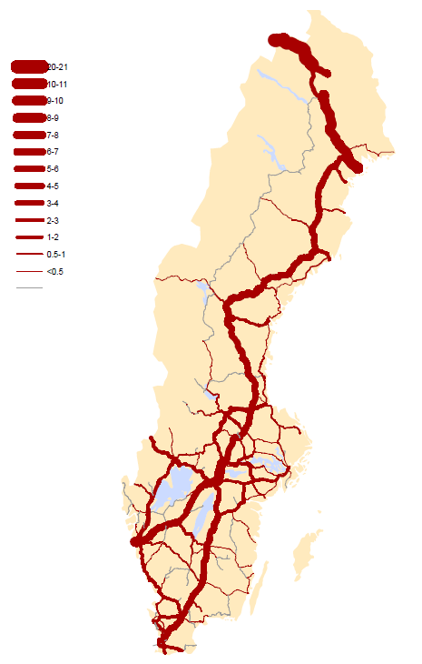 år 2040. Metoden finns dokumenterad i en PM tillsammans med resultaten, som även lagts in i kalkylverktyget Bansek 47. Figur 7.1 Godsvolymer per sträcka år 2014 (miljoner nettoton per år).