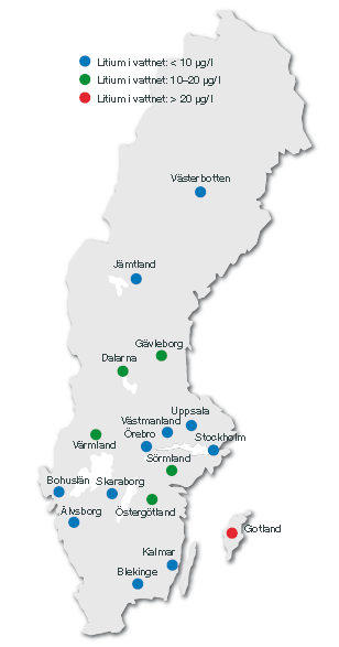 Litium mäts sällan i dricksvatten: Texas: Li: 160 µg/l Österrike: Li: 1,300 µg/l Harari et al. IMM/SGU Report.