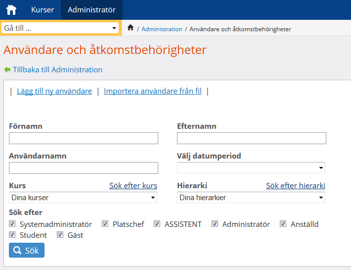 8 MANUAL IT'S LEARNING Söka kursdeltagare Klicka på Administratör, sedan på Användare och åtkomstbehörigheter.