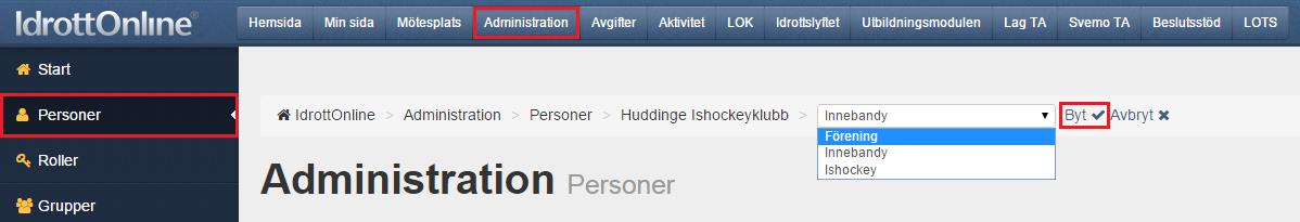 Tillsätt Roller Logga in på föreningens sida med användarnamn och lösenord samt klicka på fliken Administration och därefter Personer.