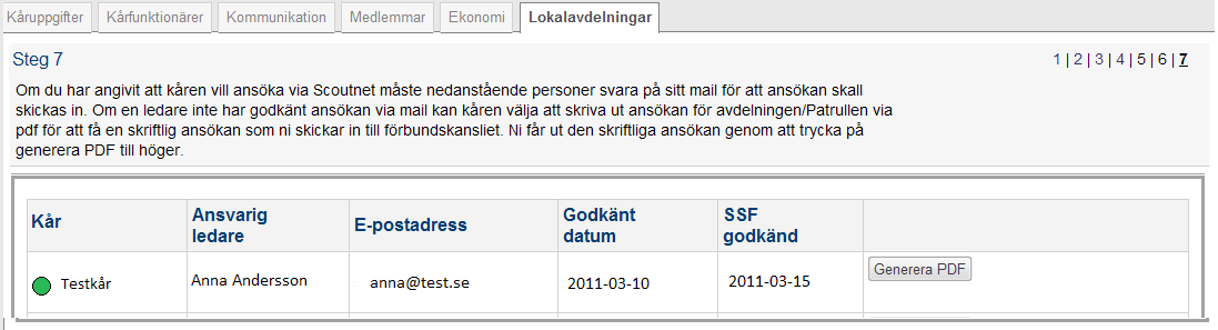 Steg 6 Läs informationen i steg 6 och klicka på Nästa steg. Er ansökan kommer nu att registreras i Scoutnet.