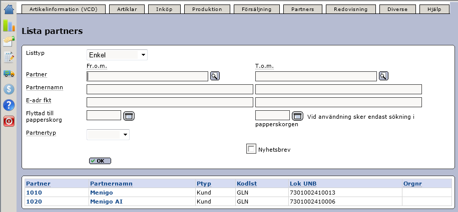 Senast Uppdaterad: 11-10-03 Exder Menigo EDI ESAP 20.1 Sida 11 av 34 Exempel på hur er partner kan se ut. 3.3.2 Lista partners För att skriva ut en lista över era partners går ni till menyn Partners Lista partners.