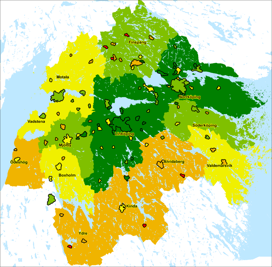 Bild 3: Östergötlands befolkningsförändring för tätorter och landsbygd mellan år 2010 och 2015.