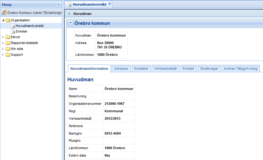 Organisation. o Huvudmanöversikt (se nästa sida för mer information) o Enhetsöversikt här finns ett antal flikar bl.a. Studievägar- här finns de koder som är upplagda i UEDB på resp skola Dubbla elever (om eleven är registrerad på flera skolor samtidigt) Elever.