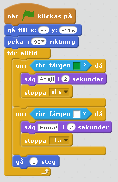 10 Lägg till en mållinje Nu har vi ett spel där man inte får krocka med grönt, men det finns inte något sätt att klara spelet ännu. Ganska tråkigt spel va?