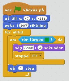 9 Sammanfattning så här långt Under den gröna flaggan har du nu ett program som fungera så här: Först flyttas figuren till en startposition och pekas i rätt startriktning.