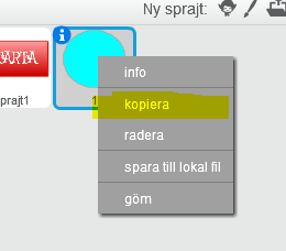 Gå till sprajten för knappen genom att klicka på den så att den blir markerad med en blå ram. Nu ska du skriva en kod som berättar att när du klickar på knappen så ska bakgrunden bytas till kartan.