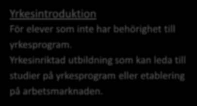 Introduktionsprogram Preparandutbildning Programinriktat individuellt val (sökbar) Yrkesintroduktion (sökbar) Individuellt alternativ Språkintroduktion Programinriktat individuellt val Betyget E i