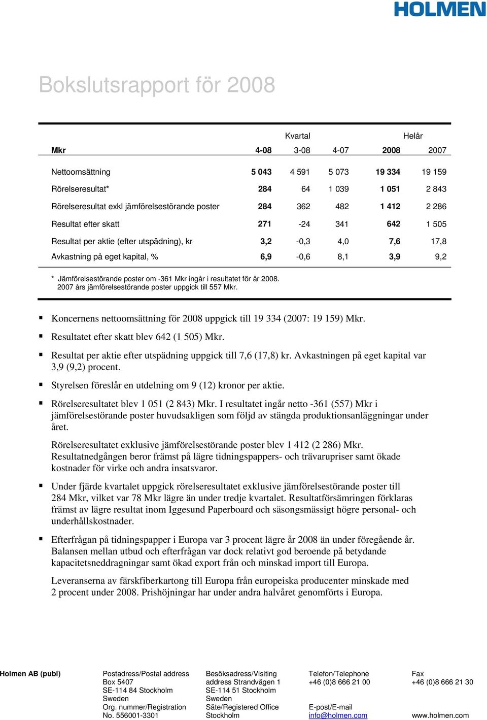 2007 års jämförelsestörande poster uppgick till 557 Mkr. Koncernens nettoomsättning för 2008 uppgick till 19 334 (2007: 19 159) Mkr. Resultatet efter skatt blev 642 (1 505) Mkr.