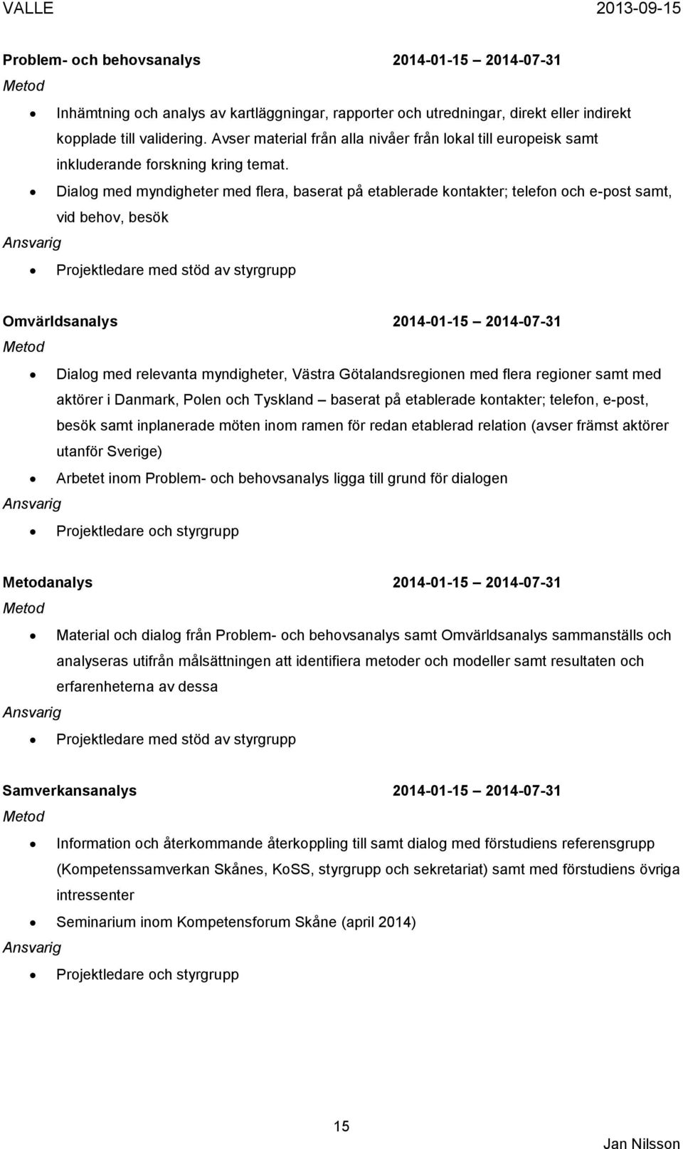 Dialog med myndigheter med flera, baserat på etablerade kontakter; telefon och e-post samt, vid behov, besök Ansvarig Projektledare med stöd av styrgrupp Omvärldsanalys 2014-01-15 2014-07-31 Metod