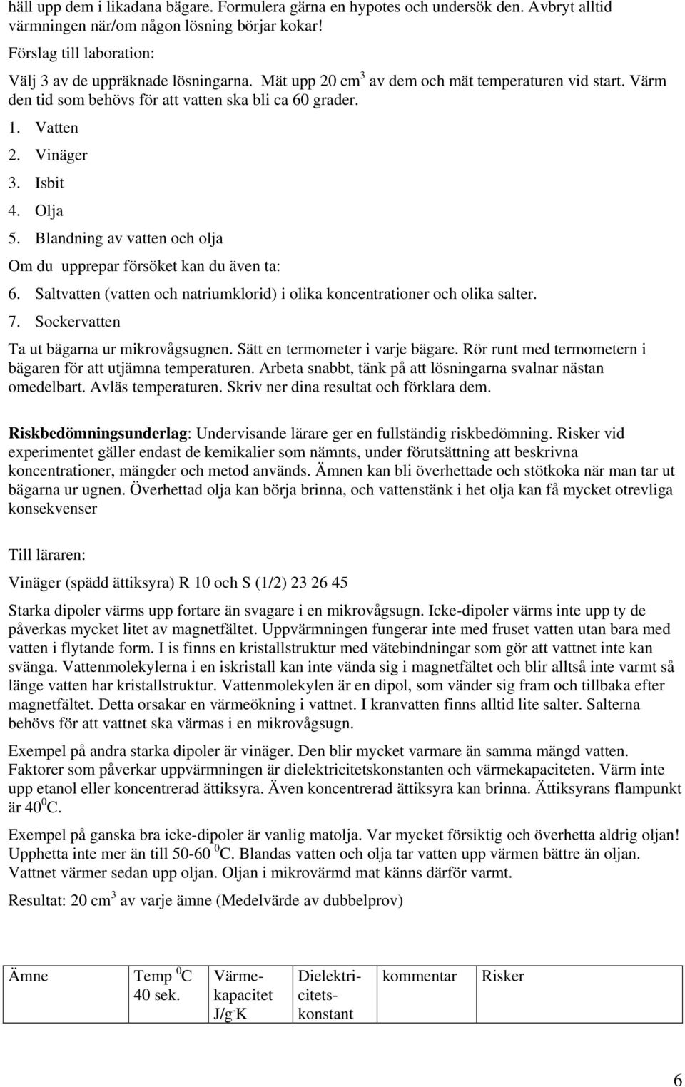 Blandning av vatten och olja Om du upprepar försöket kan du även ta: 6. Saltvatten (vatten och natriumklorid) i olika koncentrationer och olika salter. 7. Sockervatten Ta ut bägarna ur mikrovågsugnen.