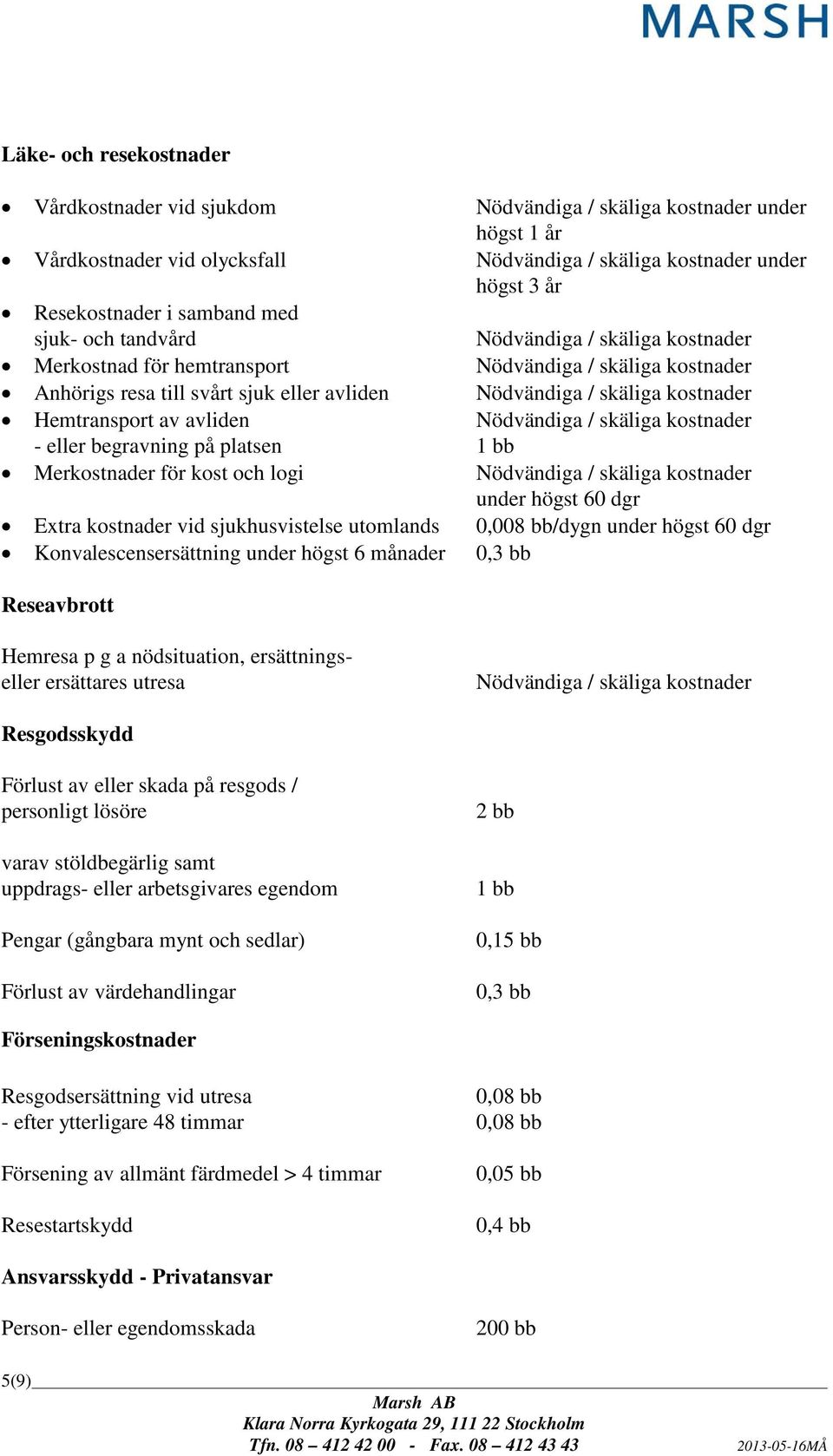 Hemtransport av avliden Nödvändiga / skäliga kostnader - eller begravning på platsen 1 bb Merkostnader för kost och logi Nödvändiga / skäliga kostnader under högst 60 dgr Extra kostnader vid