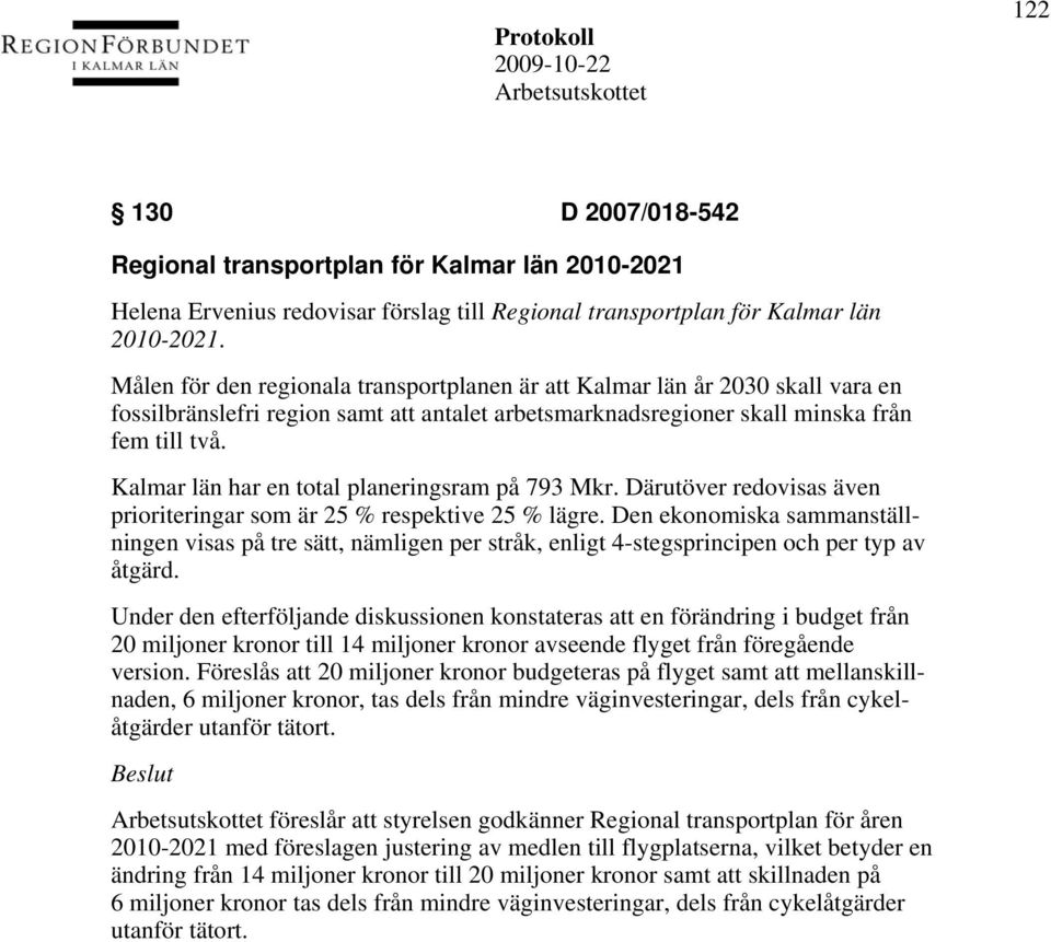 Kalmar län har en total planeringsram på 793 Mkr. Därutöver redovisas även prioriteringar som är 25 % respektive 25 % lägre.