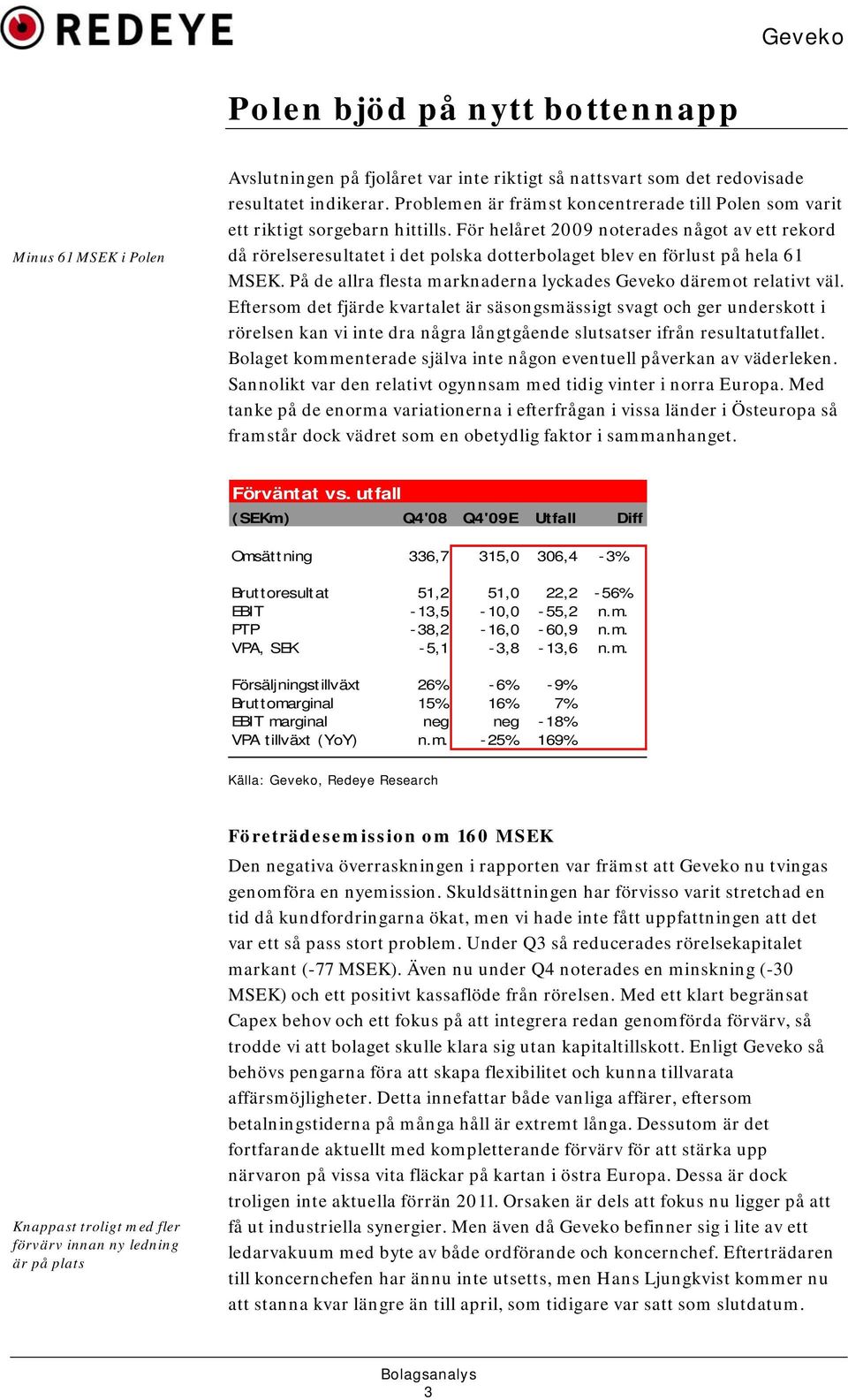 För helåret 2009 noterades något av ett rekord då rörelseresultatet i det polska dotterbolaget blev en förlust på hela 61 MSEK. På de allra flesta marknaderna lyckades Geveko däremot relativt väl.