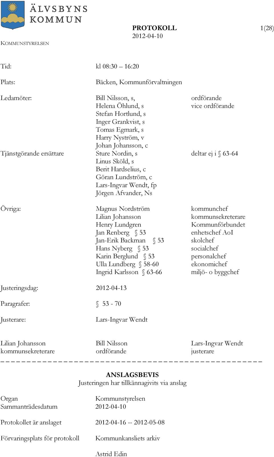 Magnus Nordström kommunchef Lilian Johansson kommunsekreterare Henry Lundgren Kommunförbundet Jan Renberg 53 enhetschef AoI Jan-Erik Backman 53 skolchef Hans Nyberg 53 socialchef Karin Berglund 53