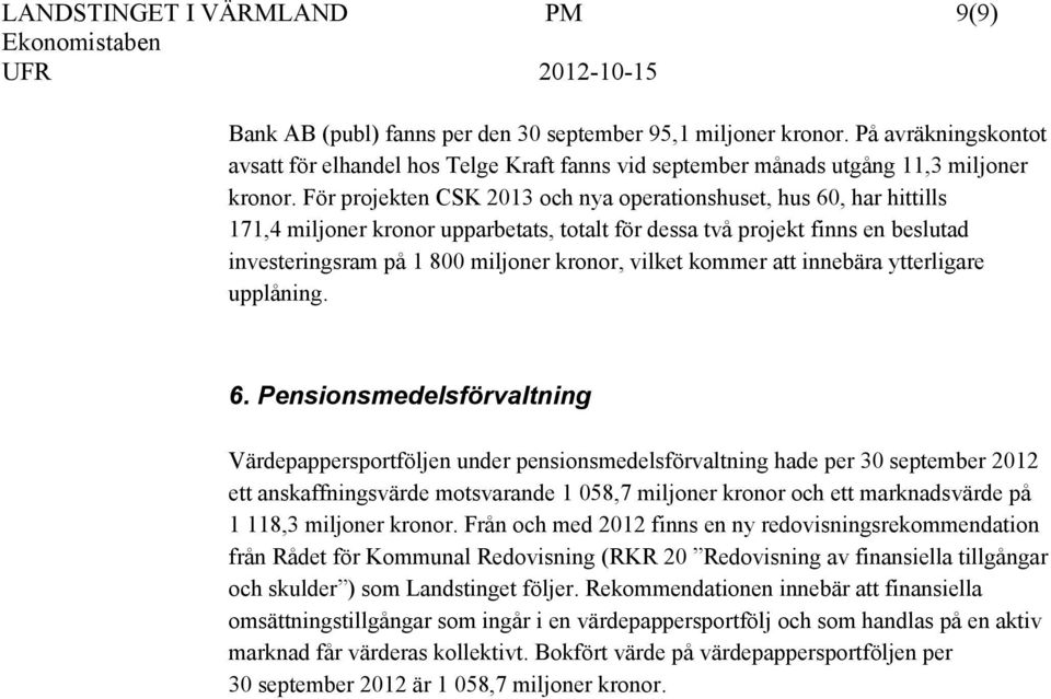 För projekten CSK 2013 och nya operationshuset, hus 60, har hittills 171,4 miljoner kronor upparbetats, totalt för dessa två projekt finns en beslutad investeringsram på 1 800 miljoner kronor, vilket