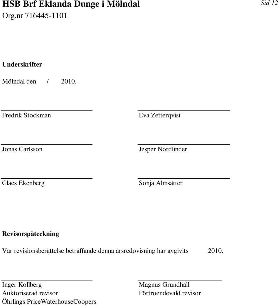 Sonja Almsätter Revisorspåteckning Vår revisionsberättelse beträffande denna