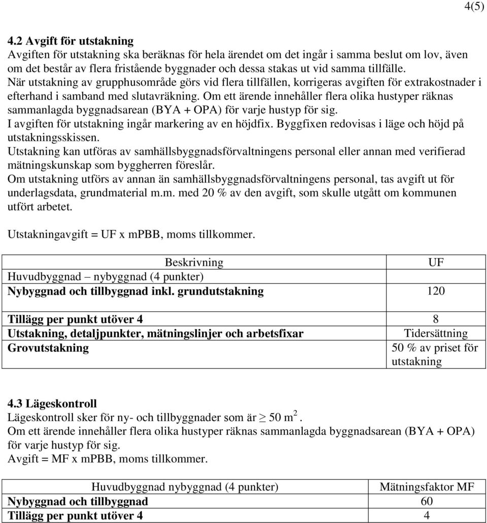 tillfälle. När utstakning av grupphusområde görs vid flera tillfällen, korrigeras avgiften för extrakostnader i efterhand i samband med slutavräkning.