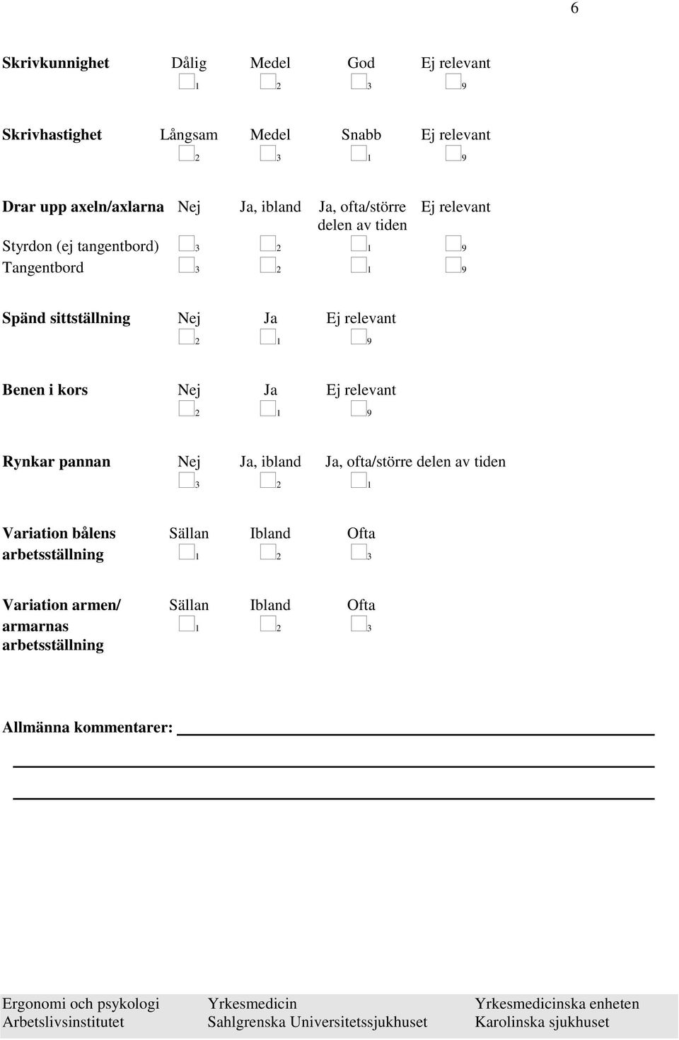 Nej Ja Ej relevant 2 1 9 Benen i kors Nej Ja Ej relevant 2 1 9 Rynkar pannan Nej Ja, ibland Ja, ofta/större delen av tiden 3 2 1