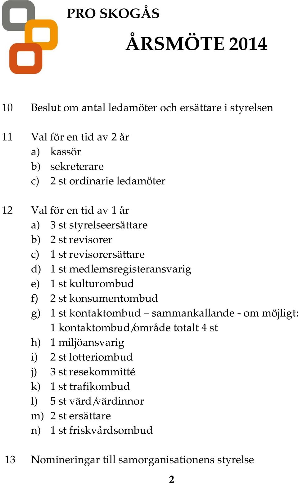 kulturombud f) 2 st konsumentombud g) 1 st kontaktombud sammankallande - om möjligt: 1 kontaktombud/område totalt 4 st h) 1 miljöansvarig i) 2 st