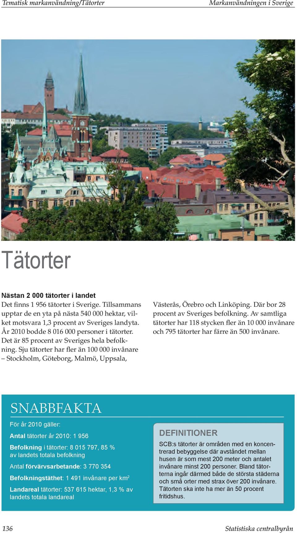 Sju tätorter har fler än 100 000 invånare Stockholm, Göteborg, Malmö, Uppsala, Västerås, Örebro och Linköping. Där bor 28 procent av Sveriges befolkning.