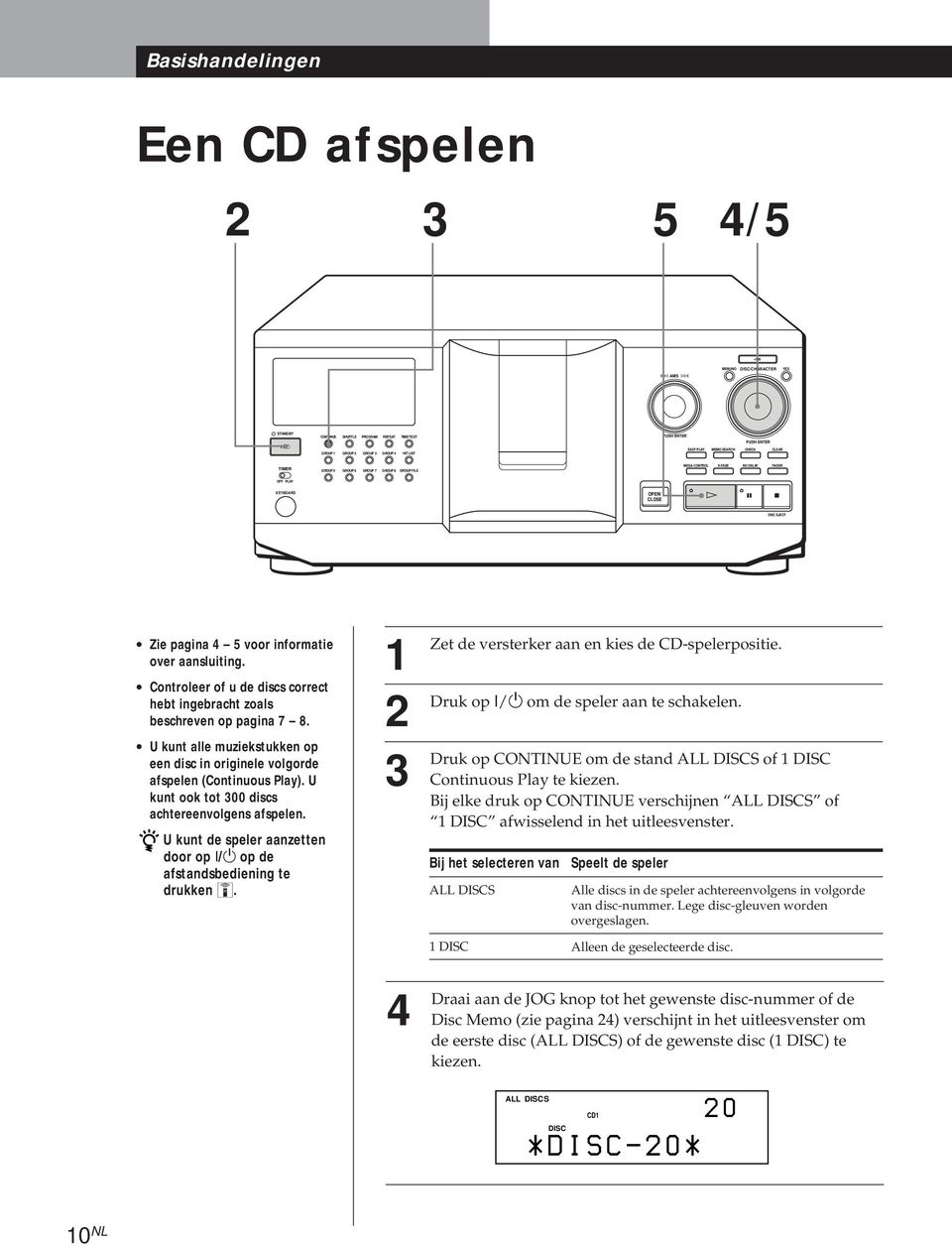 Controleer of u de discs correct hebt ingebracht zoals beschreven op pagina 7 8. U kunt alle muziekstukken op een disc in originele volgorde afspelen (Continuous Play).