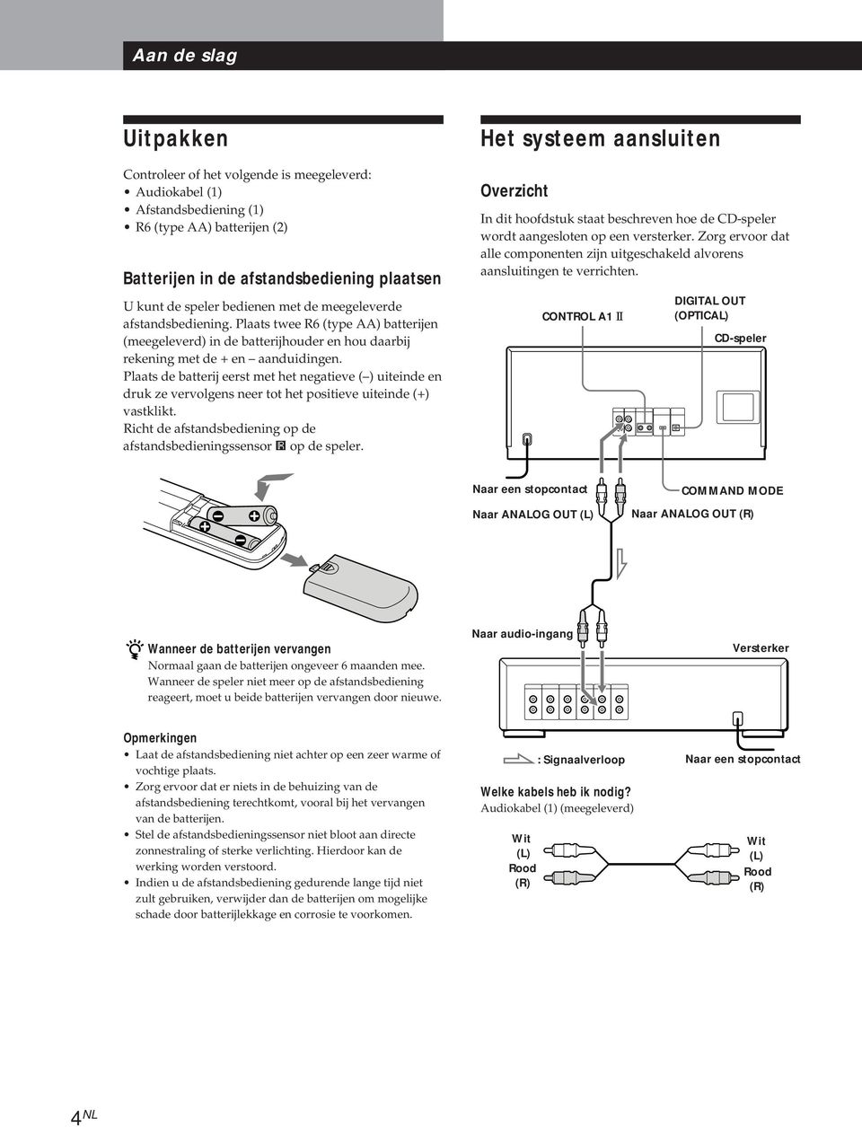 Plaats de batterij eerst met het negatieve ( ) uiteinde en druk ze vervolgens neer tot het positieve uiteinde (+) vastklikt. Richt de afstandsbediening op de afstandsbedieningssensor g op de speler.