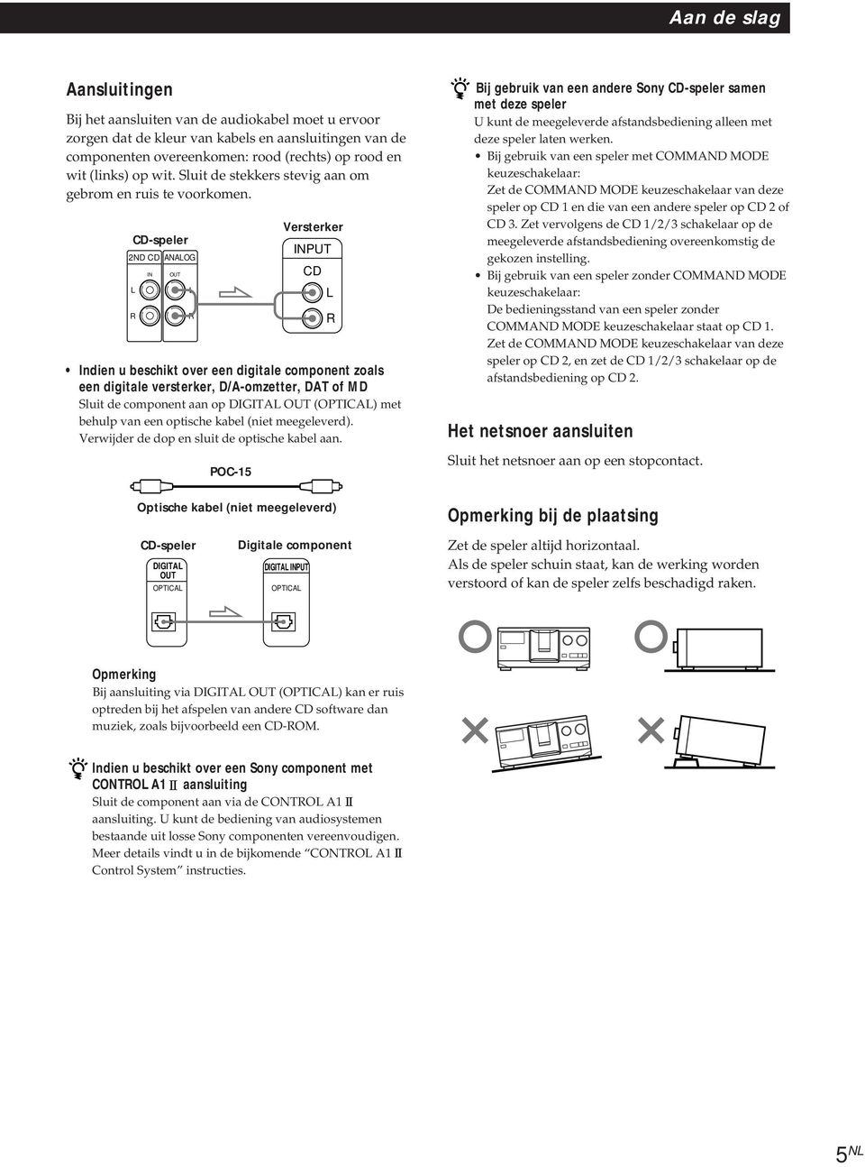 CD-speler 2ND CD ANALOG L R IN OUT L R Versterker Indien u beschikt over een digitale component zoals een digitale versterker, D/A-omzetter, DAT of MD Sluit de component aan op DIGITAL OUT (OPTICAL)