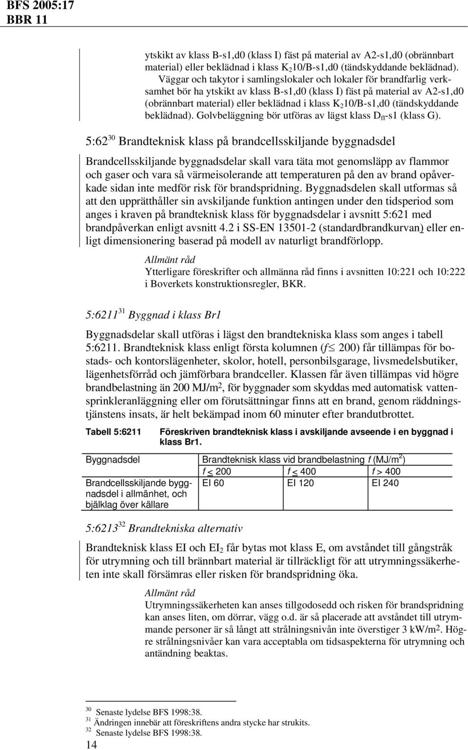 5:62 30 Brandteknisk klass på brandcellsskiljande byggnadsdel Brandcellsskiljande byggnadsdelar skall vara täta mot genomsläpp av flammor och gaser och vara så värmeisolerande att temperaturen på den