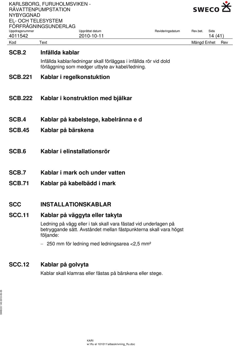 71 Kablar i mark och under vatten Kablar på kabelbädd i mark SCC SCC.
