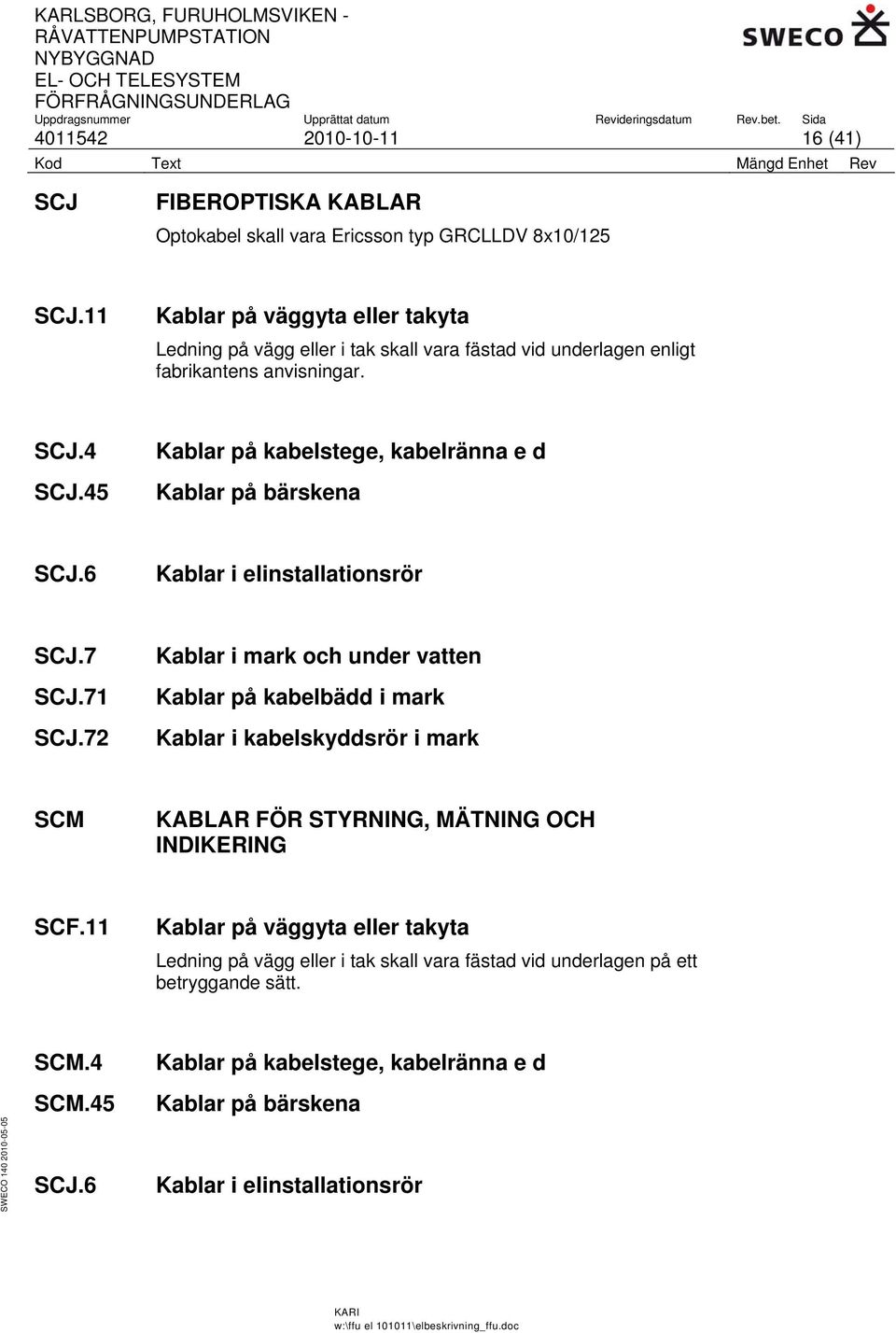 45 Kablar på kabelstege, kabelränna e d Kablar på bärskena SCJ.6 Kablar i elinstallationsrör SCJ.7 SCJ.71 SCJ.