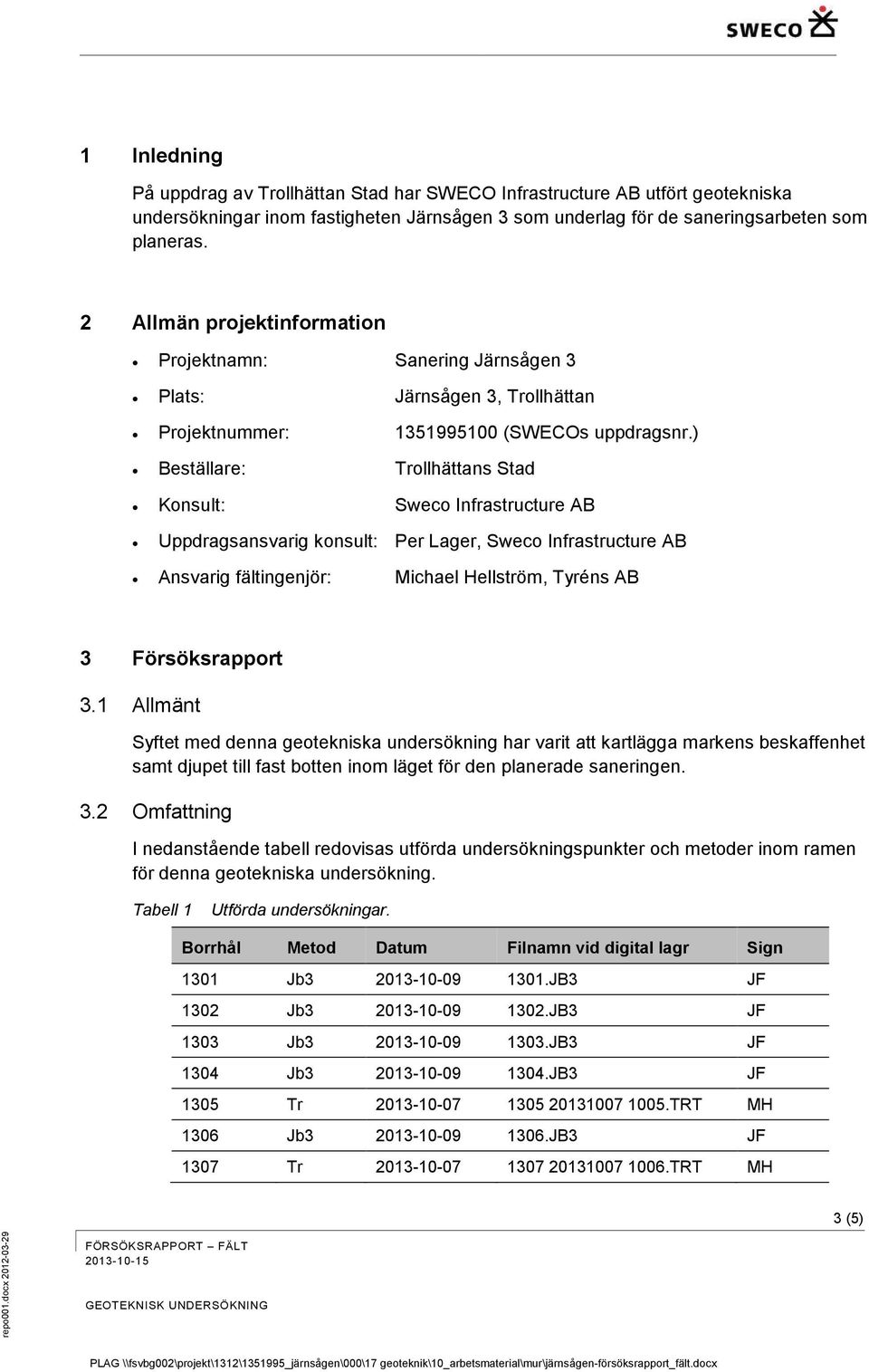 ) Beställare: Trollhättans Stad Konsult: Sweco Infrastructure AB Uppdragsansvarig konsult: Per Lager, Sweco Infrastructure AB Ansvarig fältingenjör: Michael Hellström, Tyréns AB 3 Försöksrapport 3.