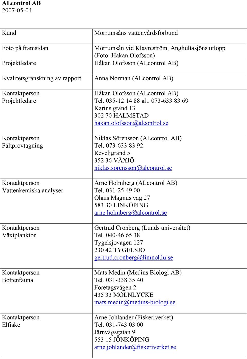 (ALcontrol AB) Anna Norman (ALcontrol AB) Håkan Olofsson (ALcontrol AB) Tel. 035-12 14 88 alt. 073-633 83 69 Karins gränd 13 302 70 HALMSTAD hakan.olofsson@alcontrol.