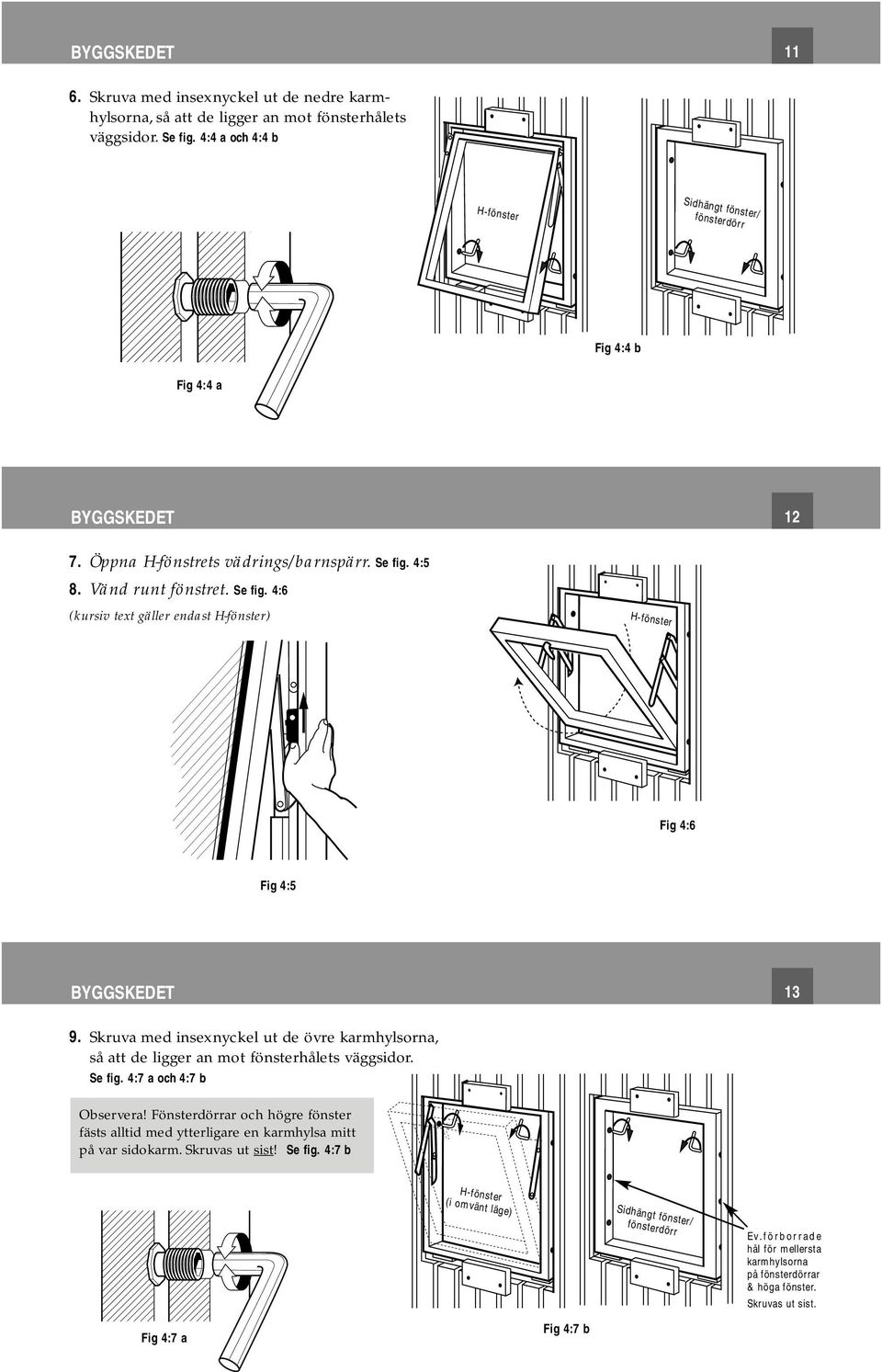 4:5 8. Vänd runt fönstret. Se fig. 4:6 (kursiv text gäller endast H-fönster) H-fönster Fig 4:6 Fig 4:5 BYGGSKEDET 13 9.