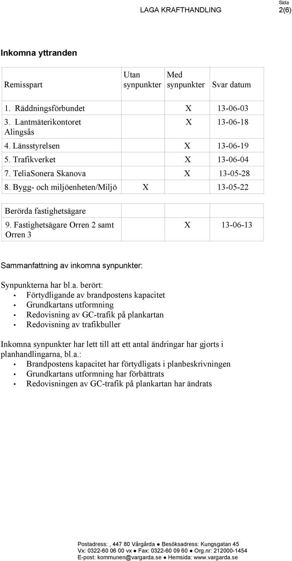 Fastighetsägare Orren 2 samt Orren 3 X 13-06-13 Sammanfattning av inkomna synpunkter: Synpunkterna har bl.a. berört: Förtydligande av brandpostens kapacitet Grundkartans utformning Redovisning av