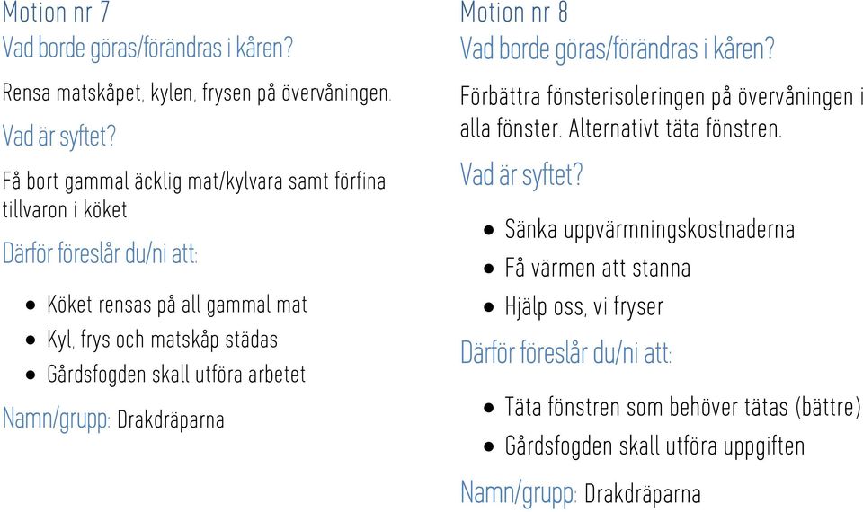 Gårdsfogden skall utföra arbetet Namn/grupp: Drakdräparna Motion nr 8 Förbättra fönsterisoleringen på övervåningen i alla