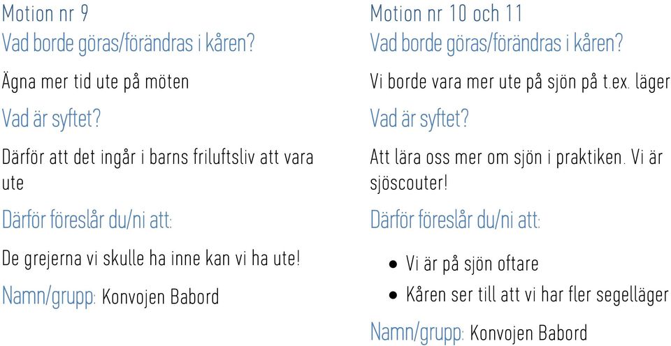 Namn/grupp: Konvojen Babord Motion nr 10 och 11 Vi borde vara mer ute på sjön på t.ex.